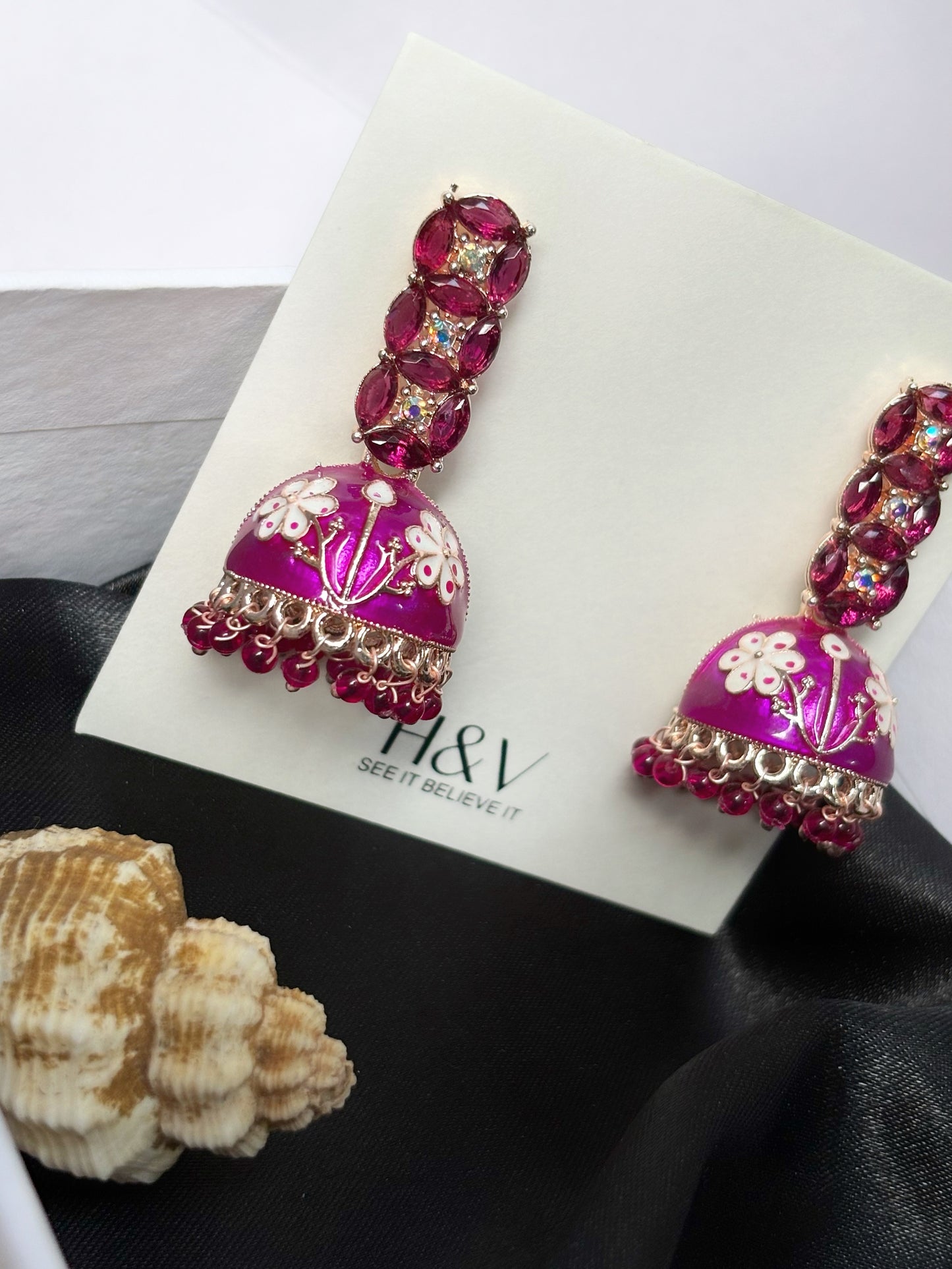 Hand crafted Meena kari gorgeous Pink Jhumki by hvjewellery.in