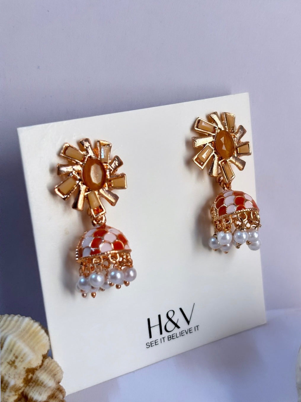 Peach and Marhoon Meena kari jhumki by hvjewelleri.in