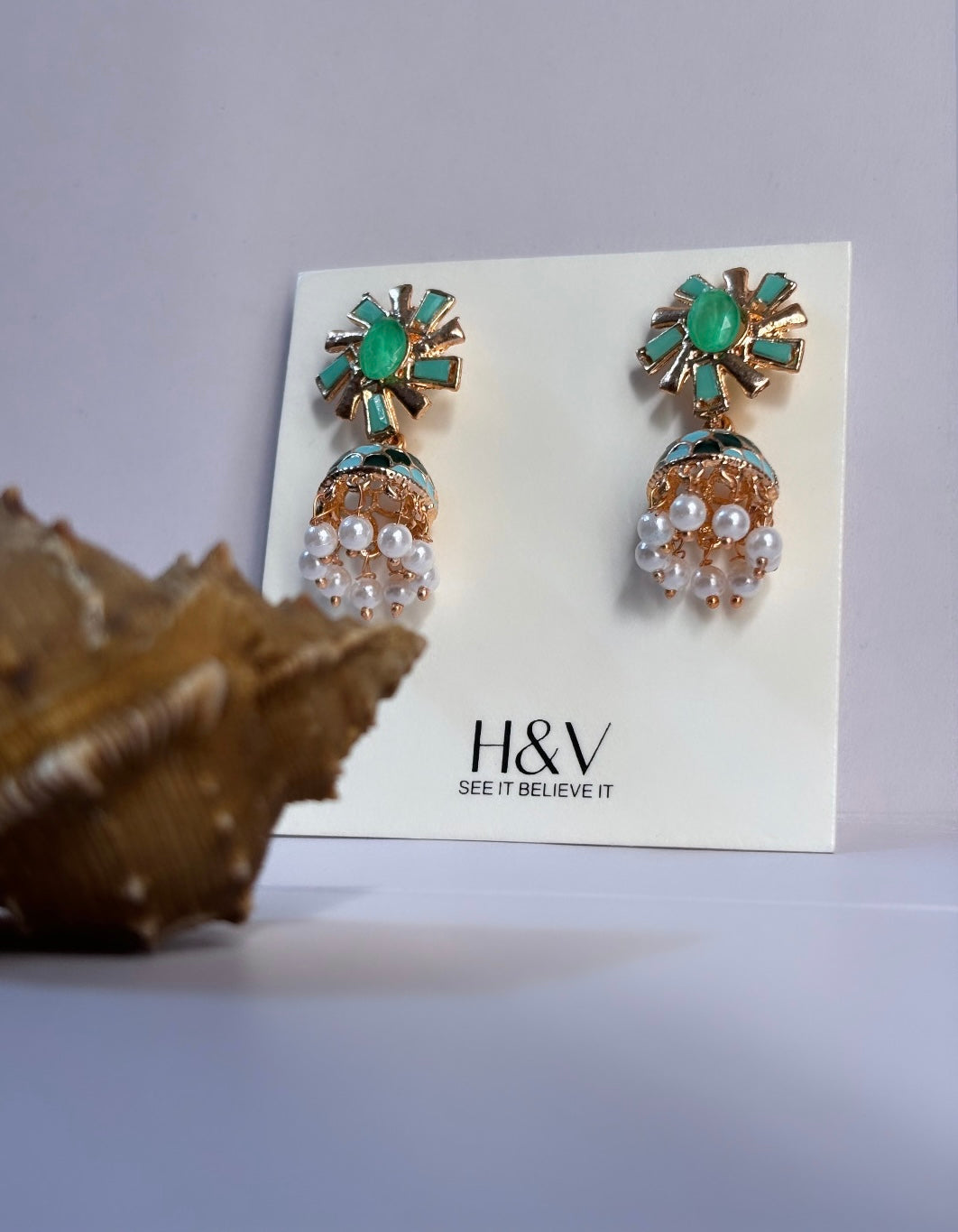 Green Meenakari jhumki by hvjewellery.in