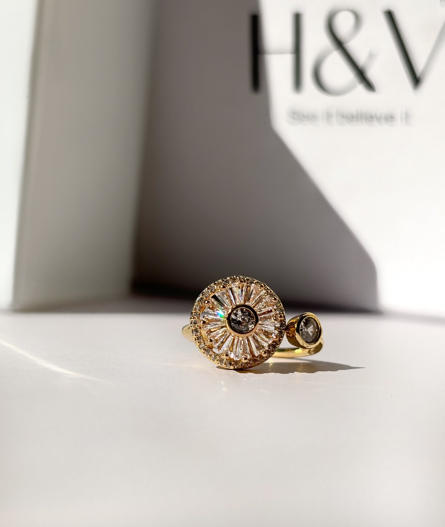 Beautiful Spinner Golden Cubic Zirconia Sunflower Rotatable Ring by hvjewellery.in