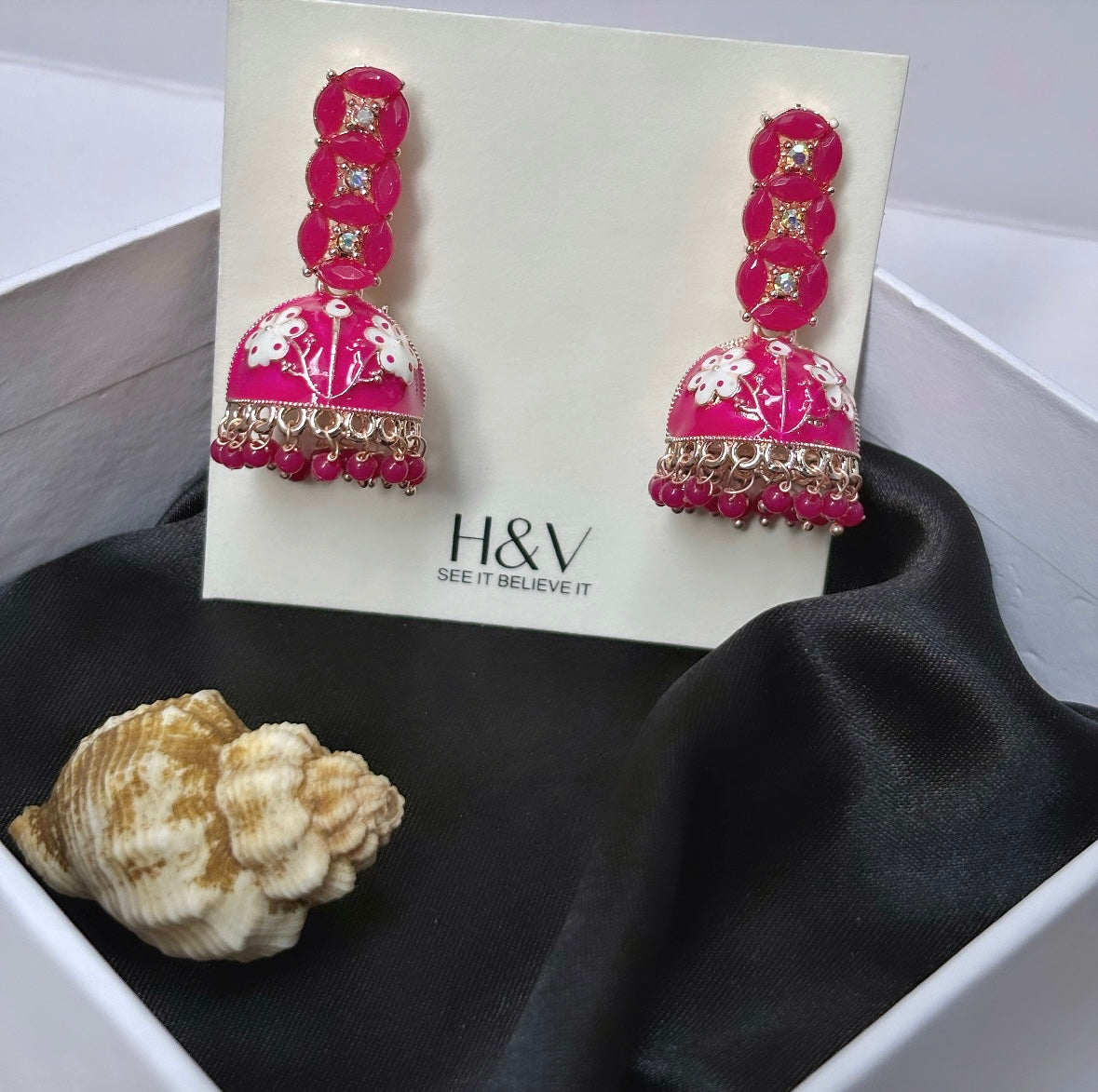 Rani pink Meena kari traditional Jhumki by hvjewellery.in