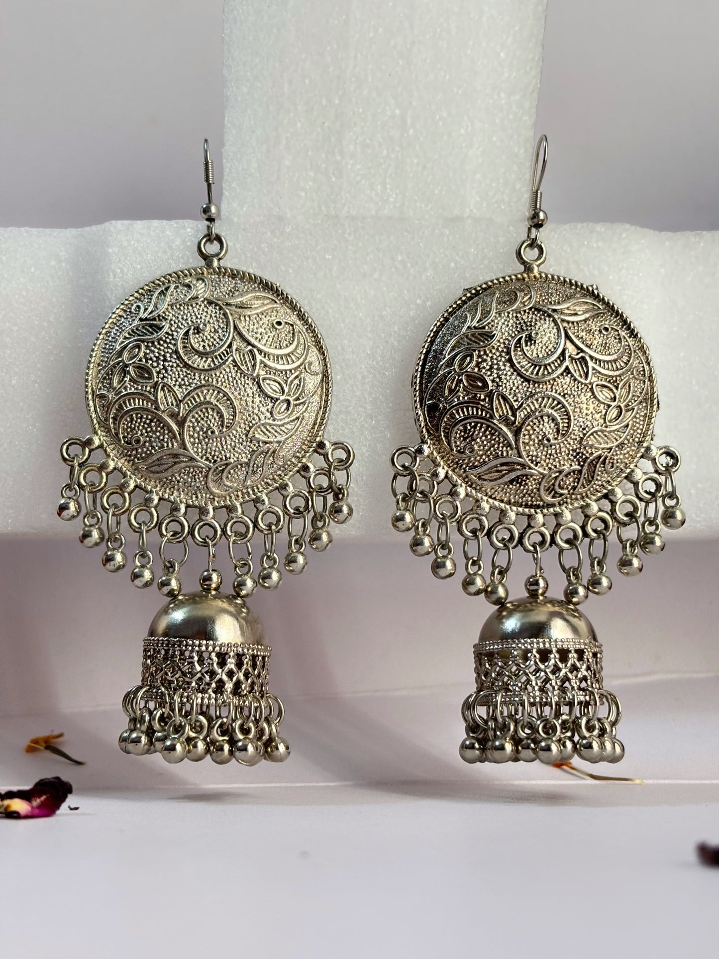 Ethnic Silver Oxidised round leaf design Jhumki by hvjewellery.in