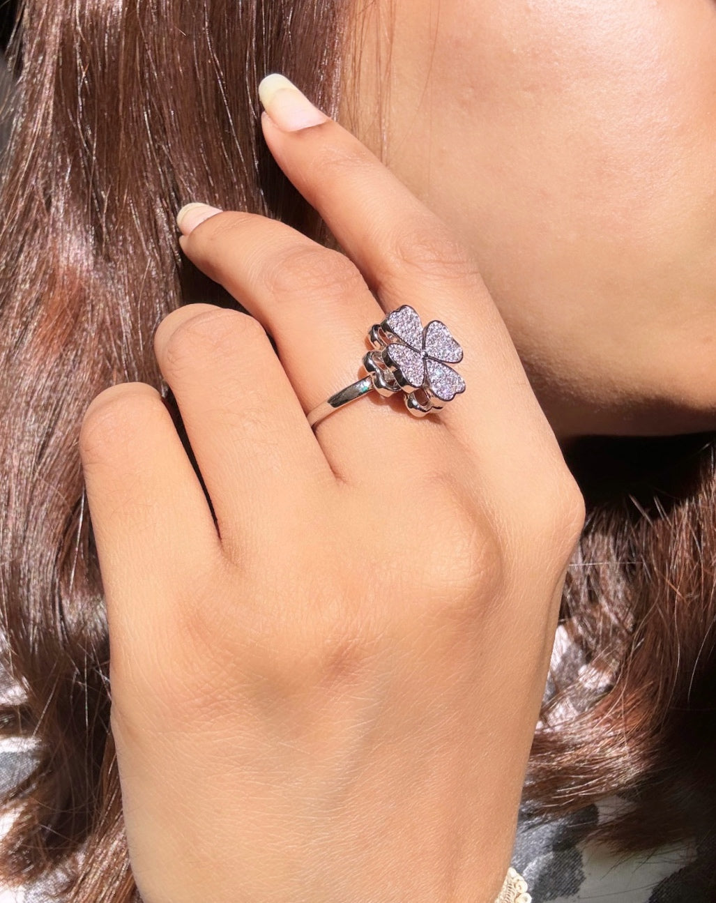 Silver Four leaf clover spinner zircon Ring by hvjewellery