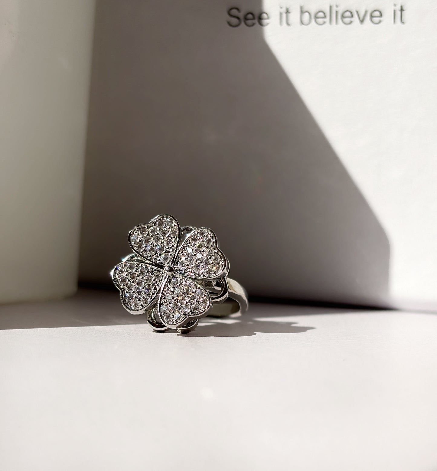 Silver Four leaf clover spinner zircon Ring by hvjewellery