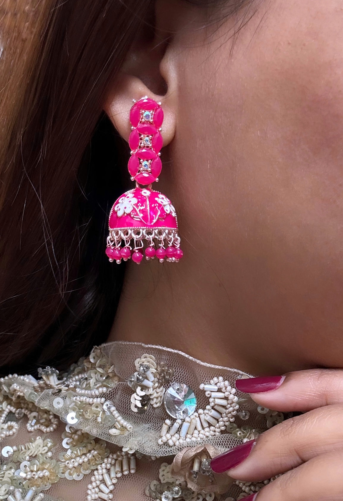 Rani pink Meena kari traditional Jhumki by hvjewellery.in