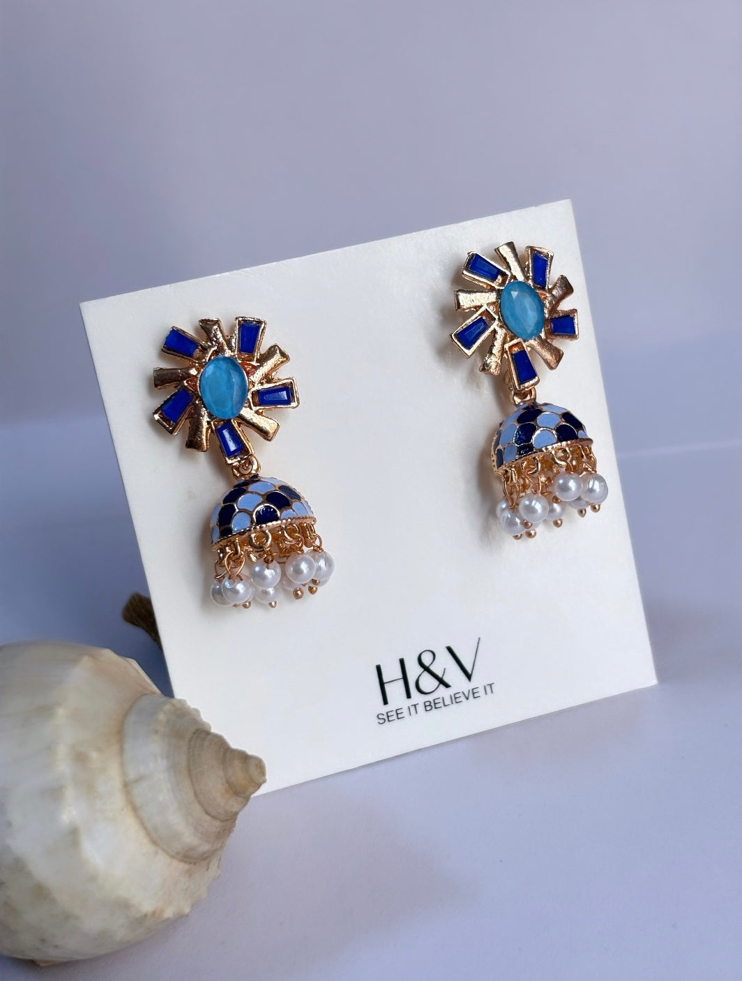 Blue Meena Kari small beautiful handcrafted Jhumki by hvjewellery.in