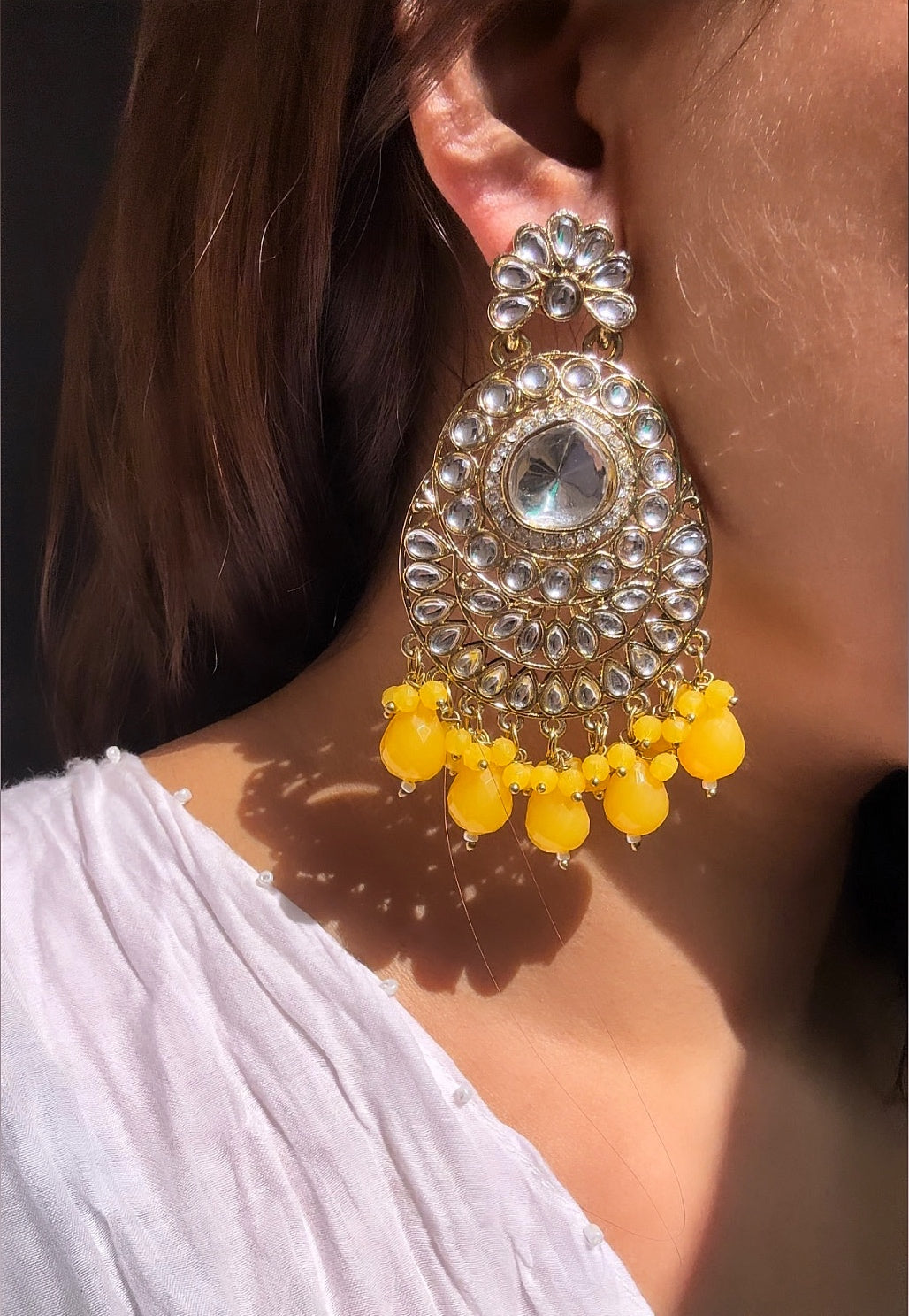 Traditional Beautiful Kundan Earring with yellow beads by hvjewellery.in