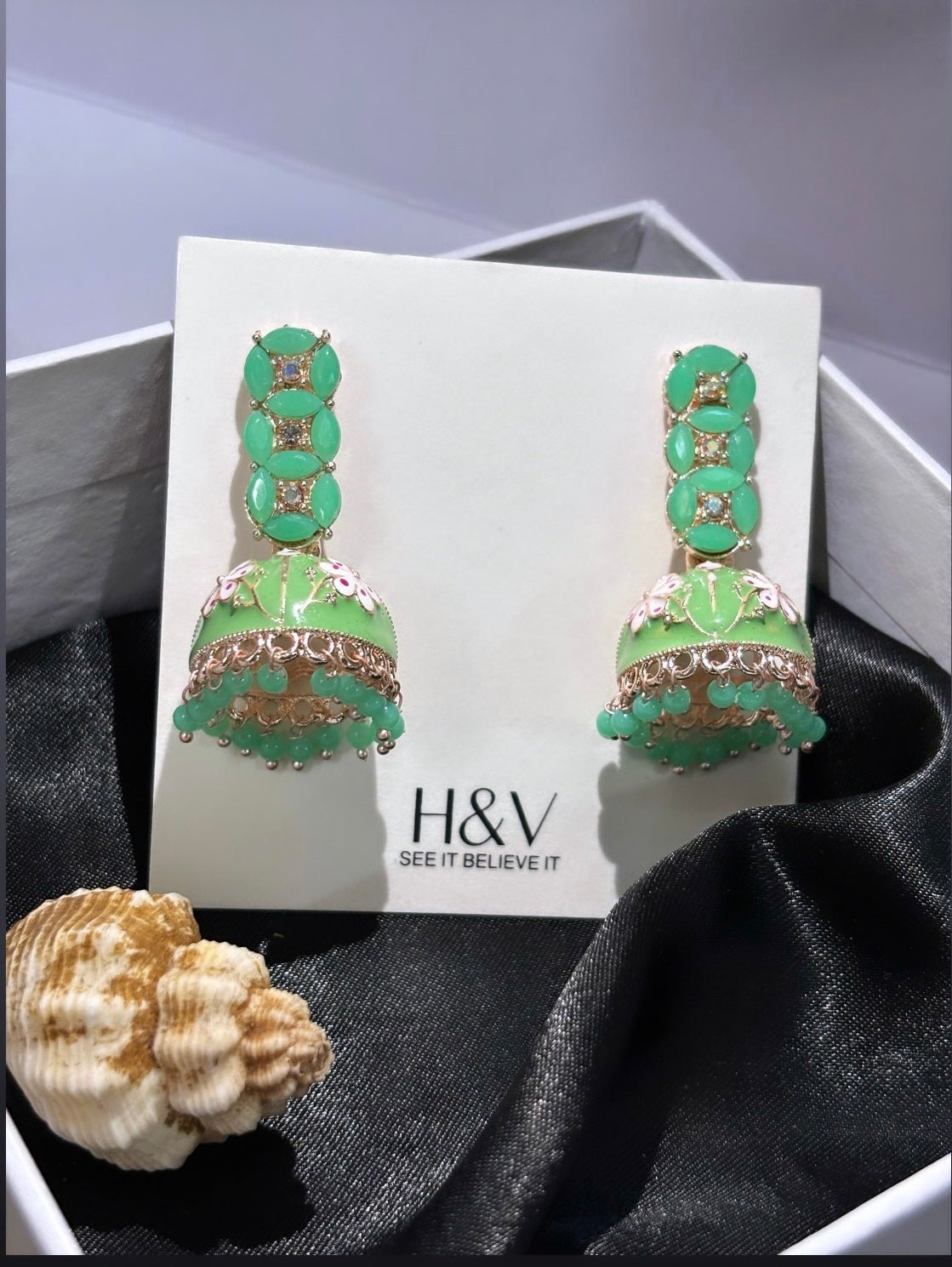 A beautiful heavy light green Meenakari jhumkaa by hvjewellery.in