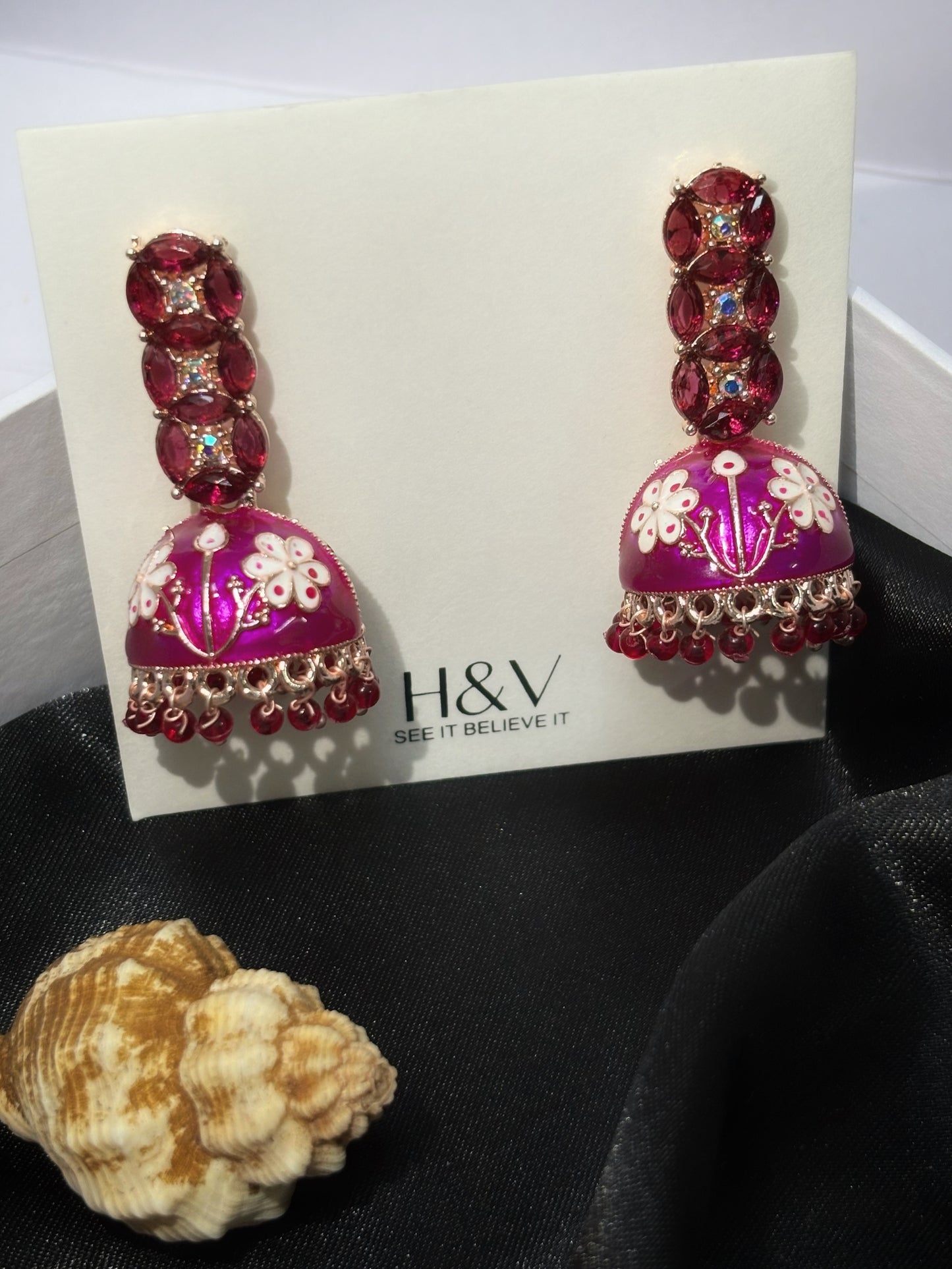 Hand crafted Meena kari gorgeous Pink Jhumki by hvjewellery.in