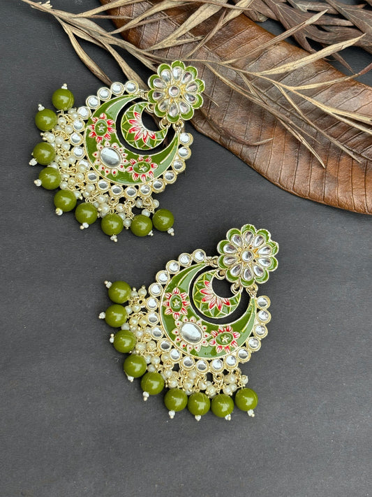 Traditional Mehendi Green Colour Meena Kari Chandbali Earring by hvjewellery.in