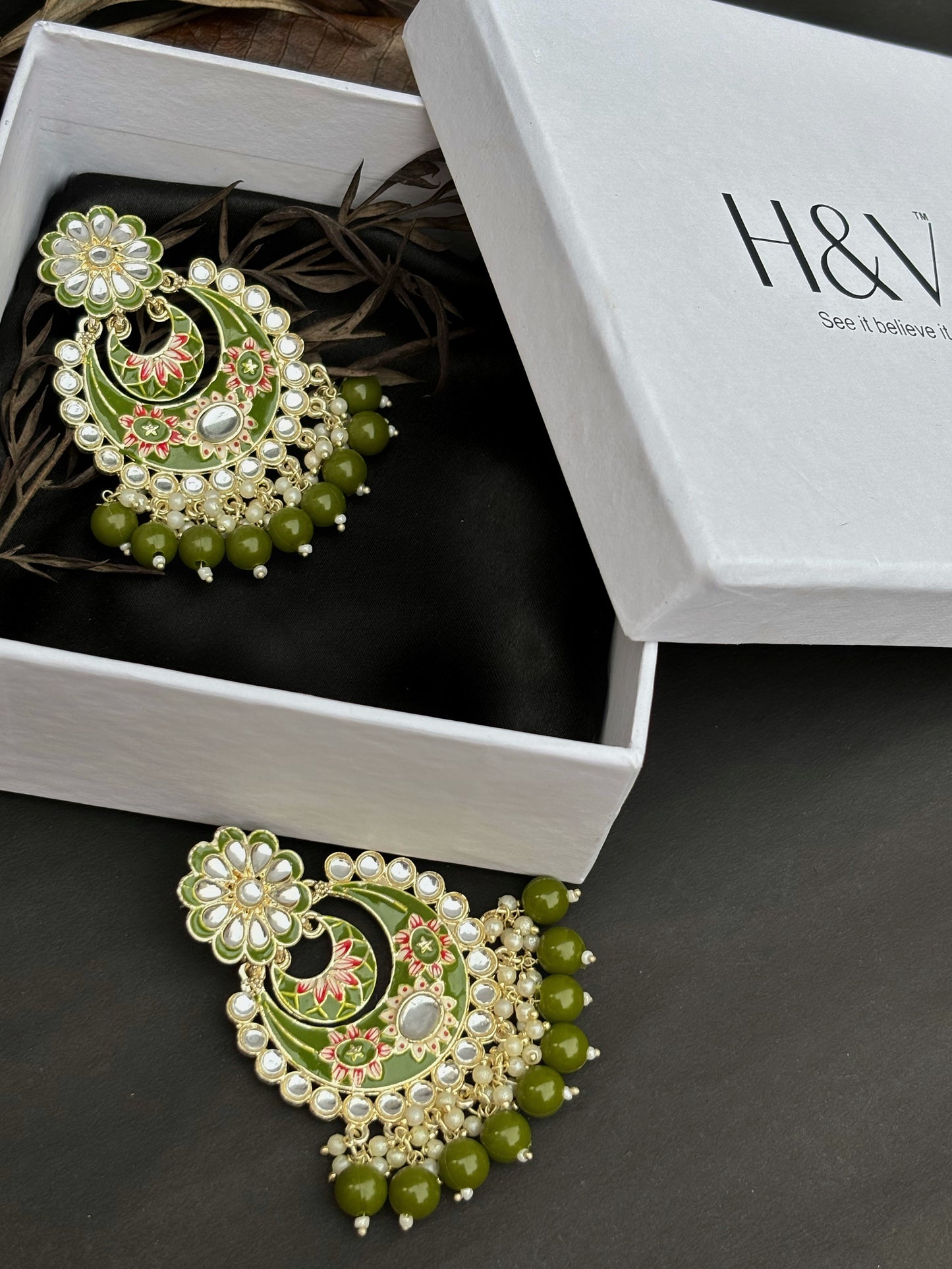 Traditional Mehendi Green Colour Meena Kari Chandbali Earring by hvjewellery.in