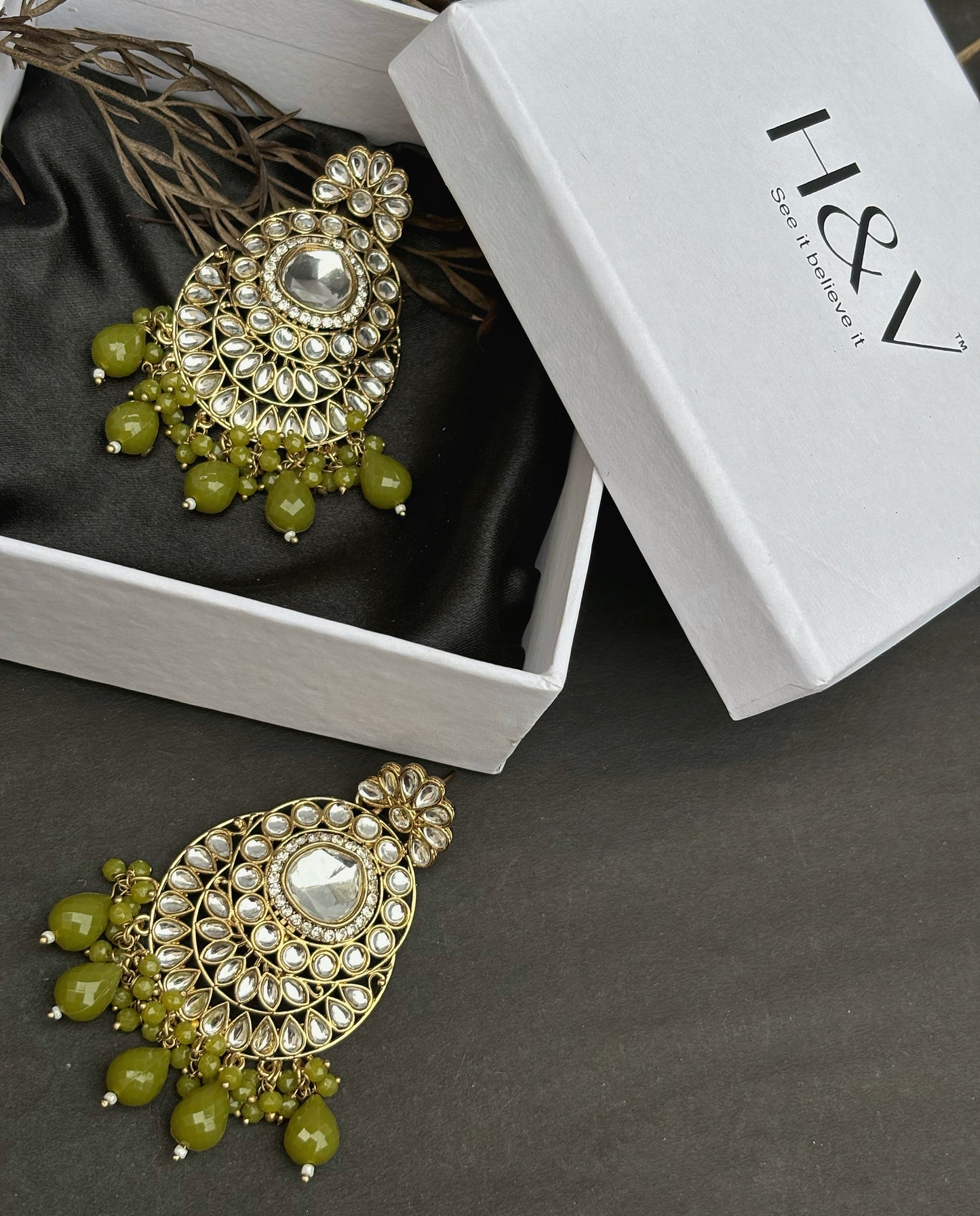 Kundan Earring with Green beads by hvjewellery.in