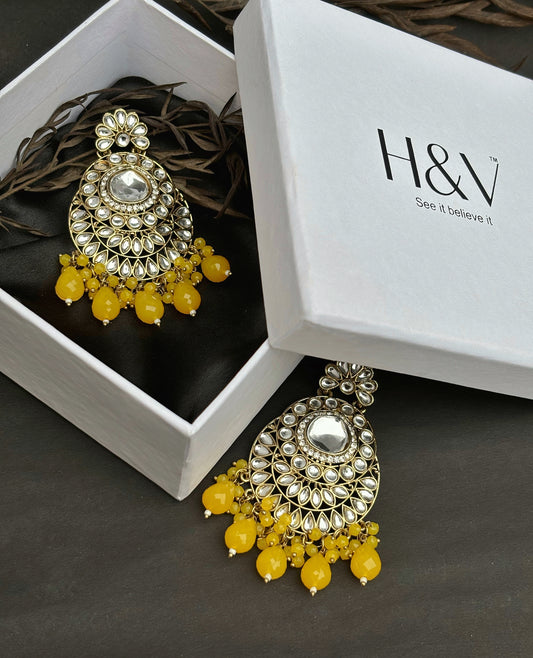 Traditional Beautiful Kundan Earring with yellow beads by hvjewellery.in