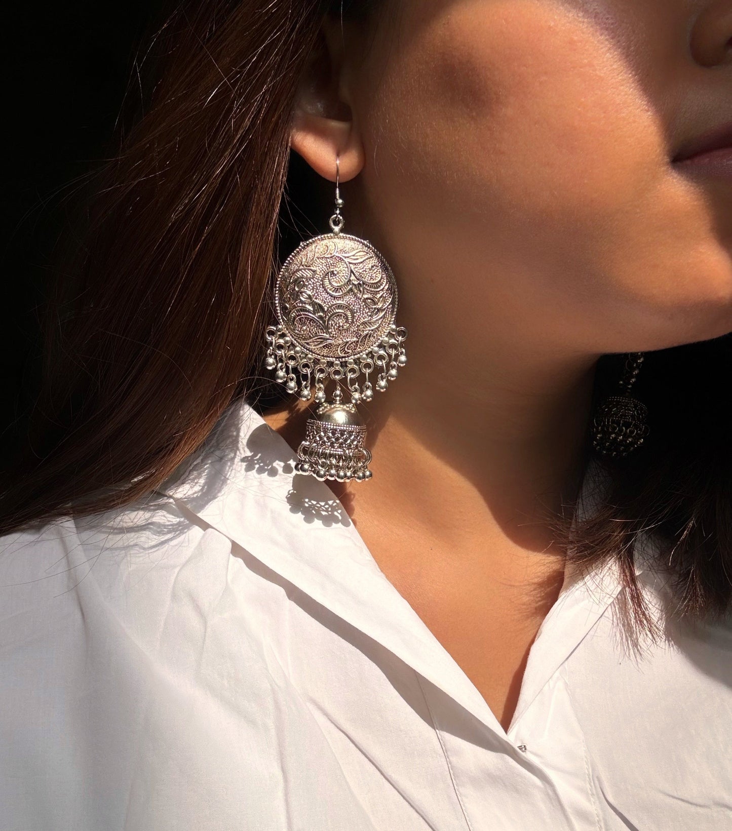 Ethnic Silver Oxidised round leaf design Jhumki by hvjewellery.in