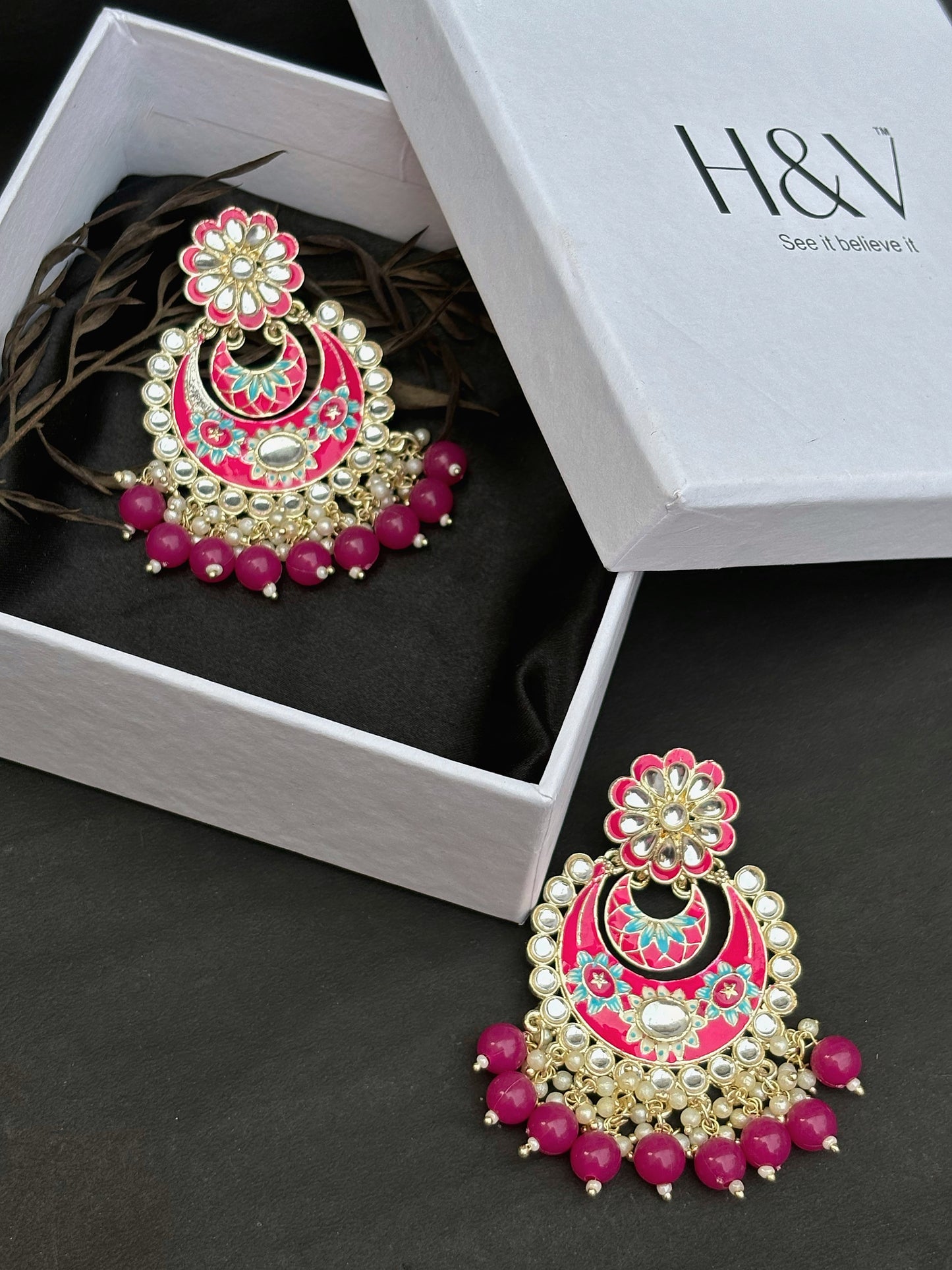 Magenta meenakari kundan chandbala Earring by hvjewellery.in