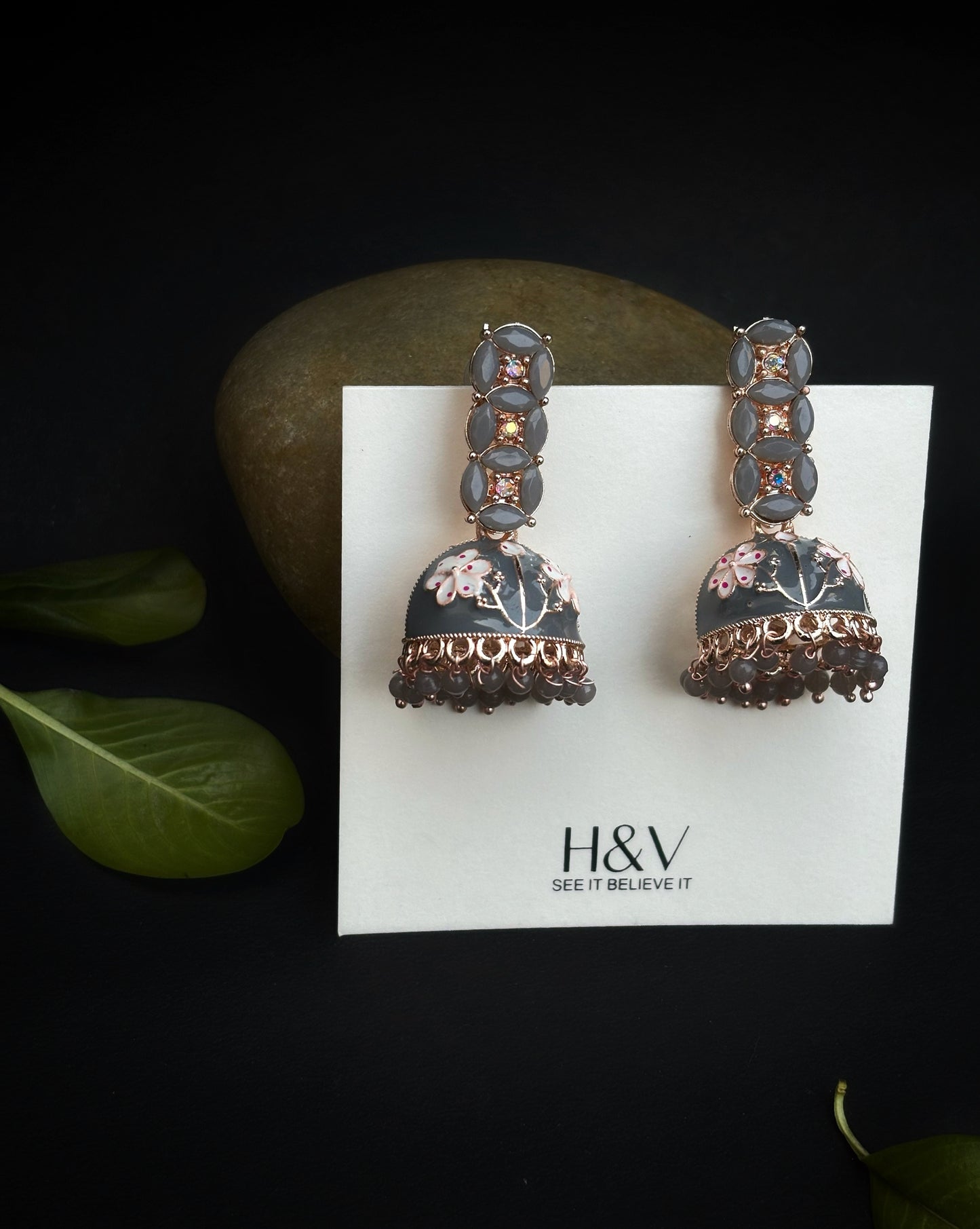 Traditional Meenakari grey jhumkaa by hvjewellery.in