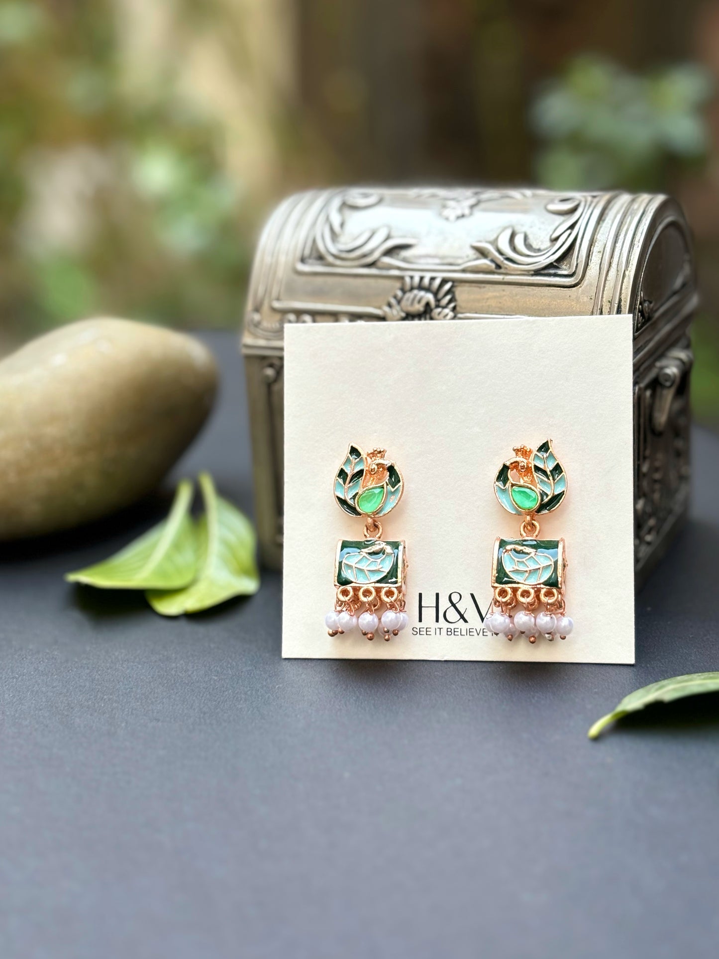 Meenakari with green stone tiny jhumkaa by hvjewellery.in