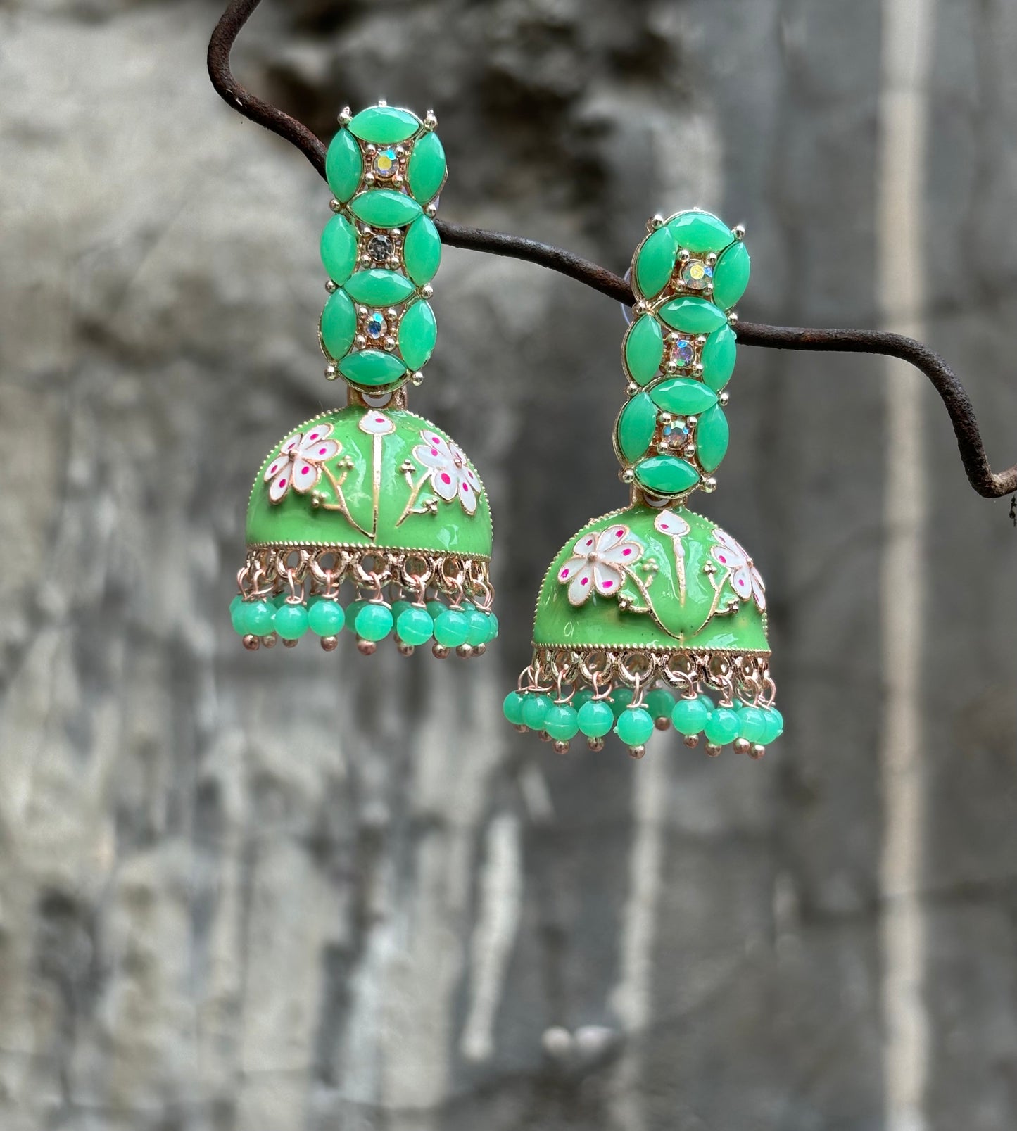 A beautiful heavy light green Meenakari jhumkaa by hvjewellery.in