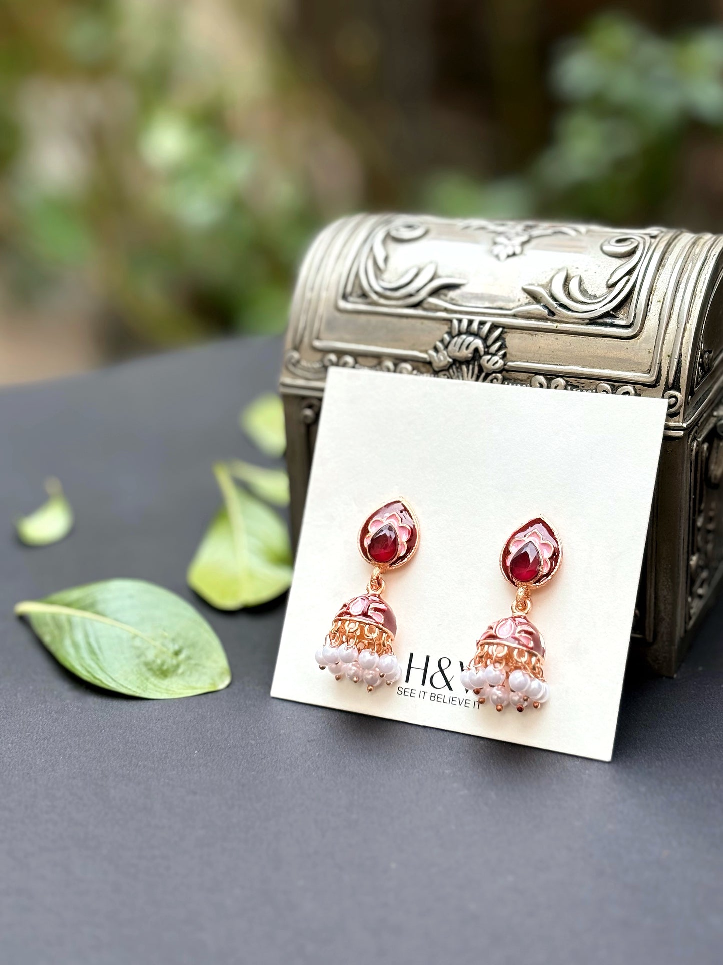 Maroon colour meenakari jhumki by hvjewellery.in