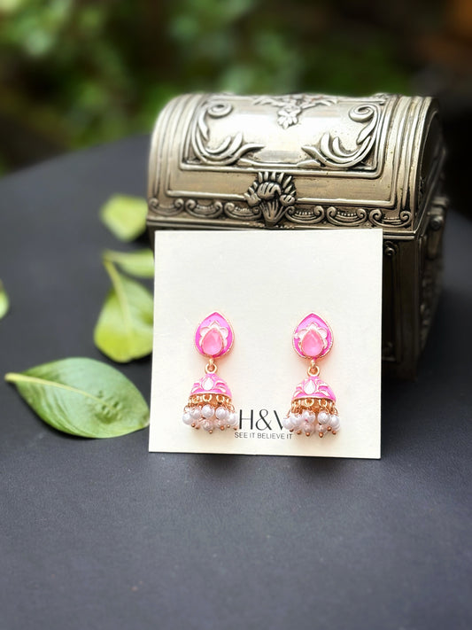 Pink Meenakari jhumki by hvjewellery.in