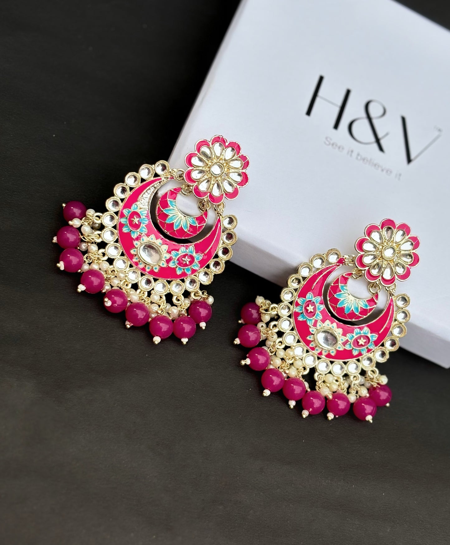 Magenta meenakari kundan chandbala Earring by hvjewellery.in