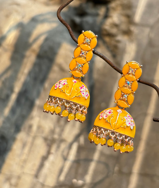 Meenakari yellow jhumkaa by hvjewellery.in