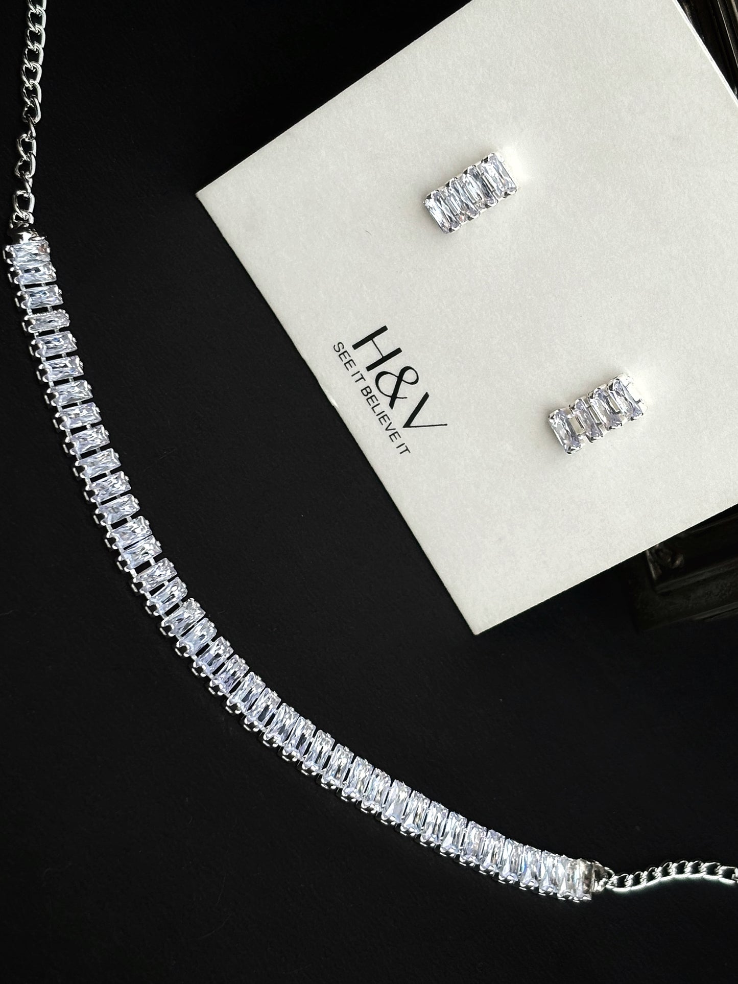 Gorgeous classy silver cubic zirconia party choker necklace set by hvjewellery.in