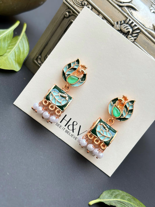 Meenakari with green stone tiny jhumkaa by hvjewellery.in