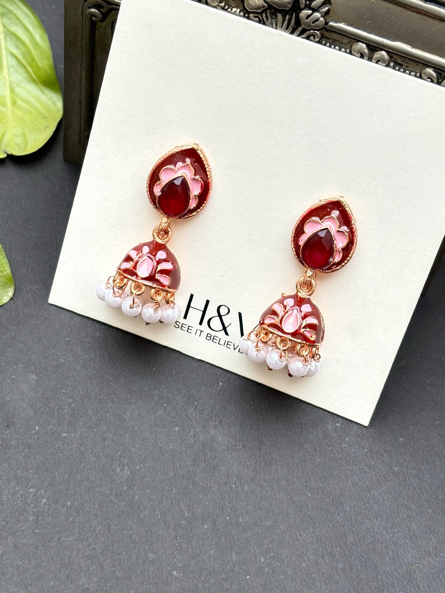 Maroon colour meenakari jhumki by hvjewellery.in