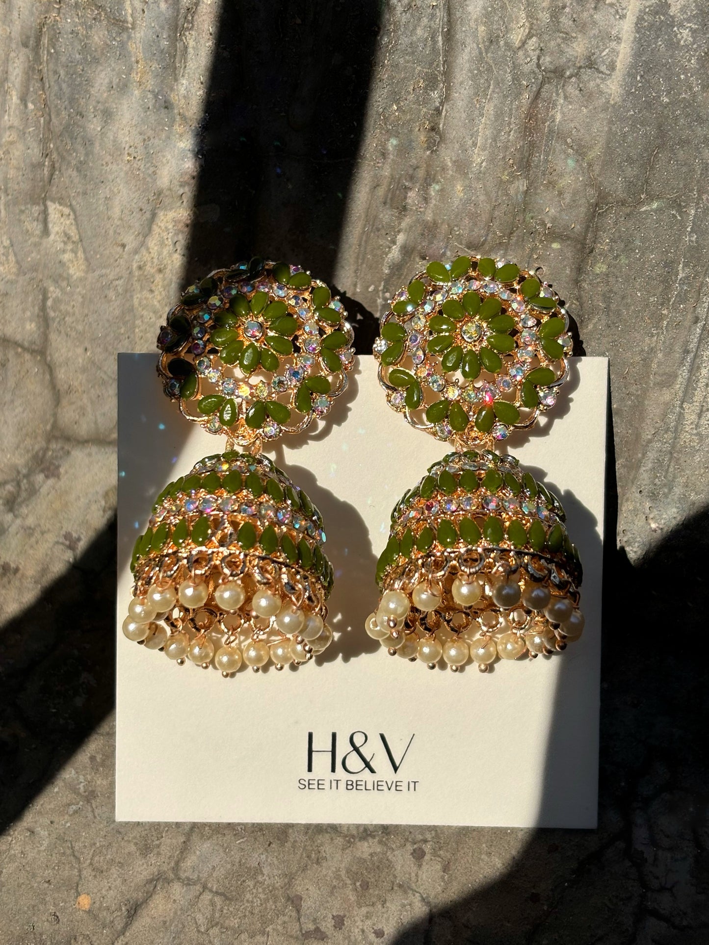 Green jhumkaa with kundan stone by hvjewellery.in