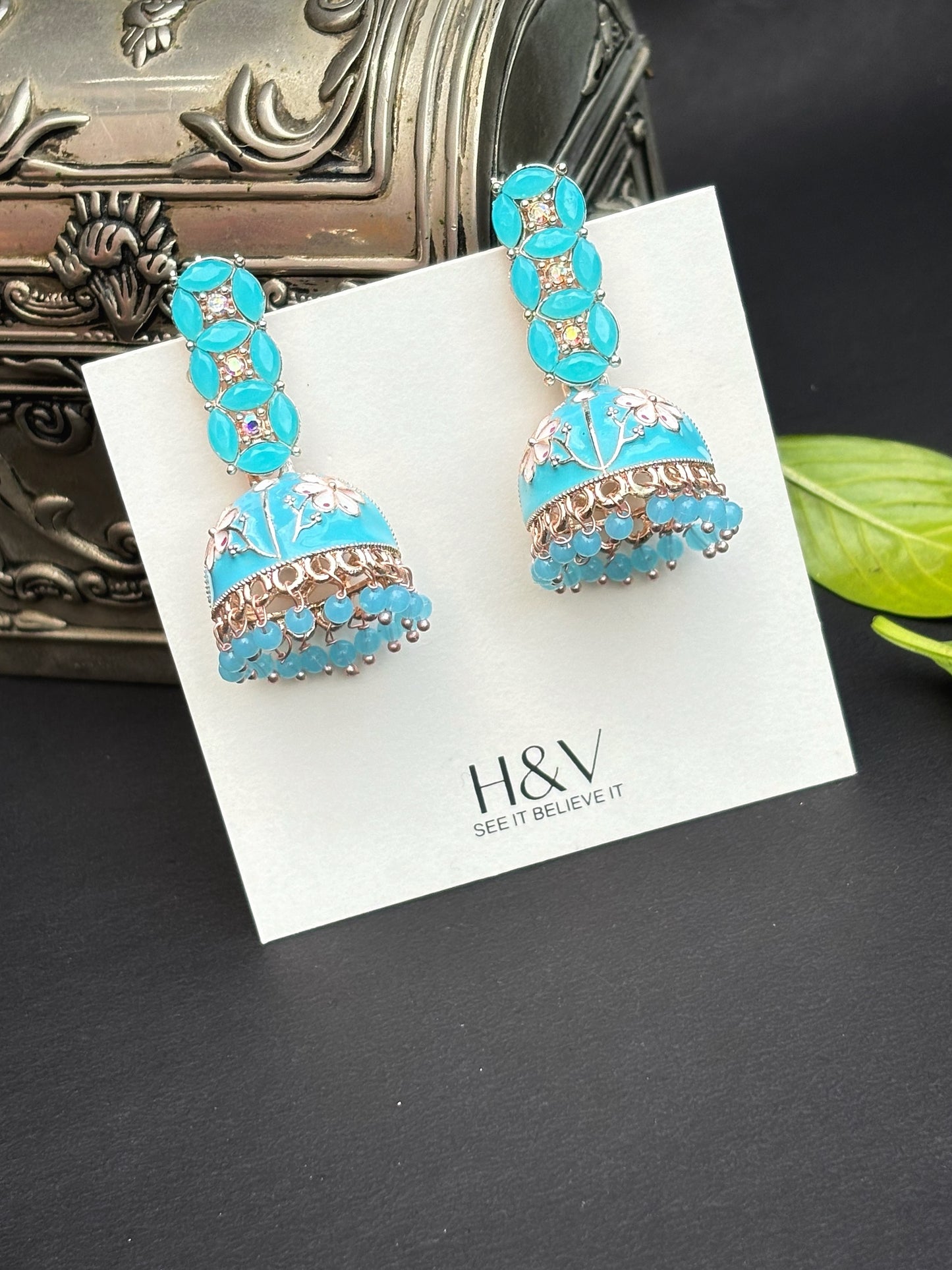 Blue Meenakari jhumkaa by hvjewellery.in